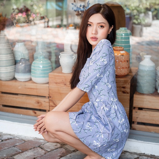 CHOCOO - Đầm Xoè Tay Phồng Cổ Vuông Màu Xanh - SAMA LINEN DRESS