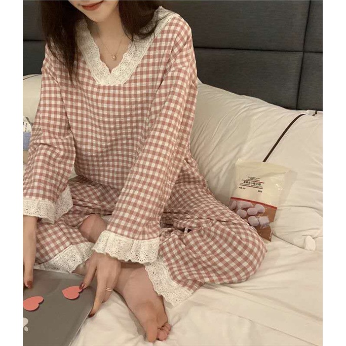 Bộ Đồ Ngủ Tay Dài Phối Ren Họa Tiết Caro Phong Cách Hàn Quốc Thời Trang Xuân Thu Cho Nữ