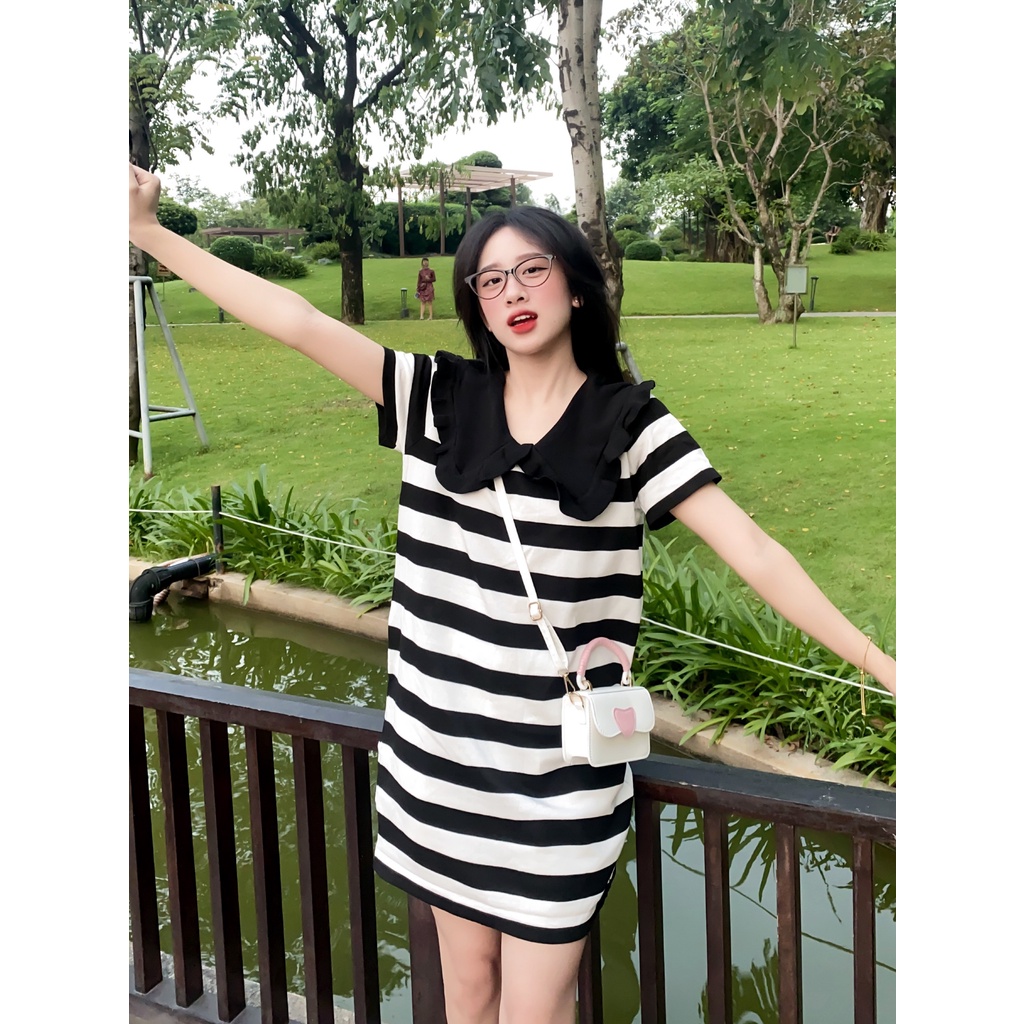 Đầm/Váy Suông Sọc Trắng Đen Kiểu Nơ Đen Có Cổ - Phong Hàn Quốc Tiểu Thư, Bánh Bèo - Vải len hot 2022