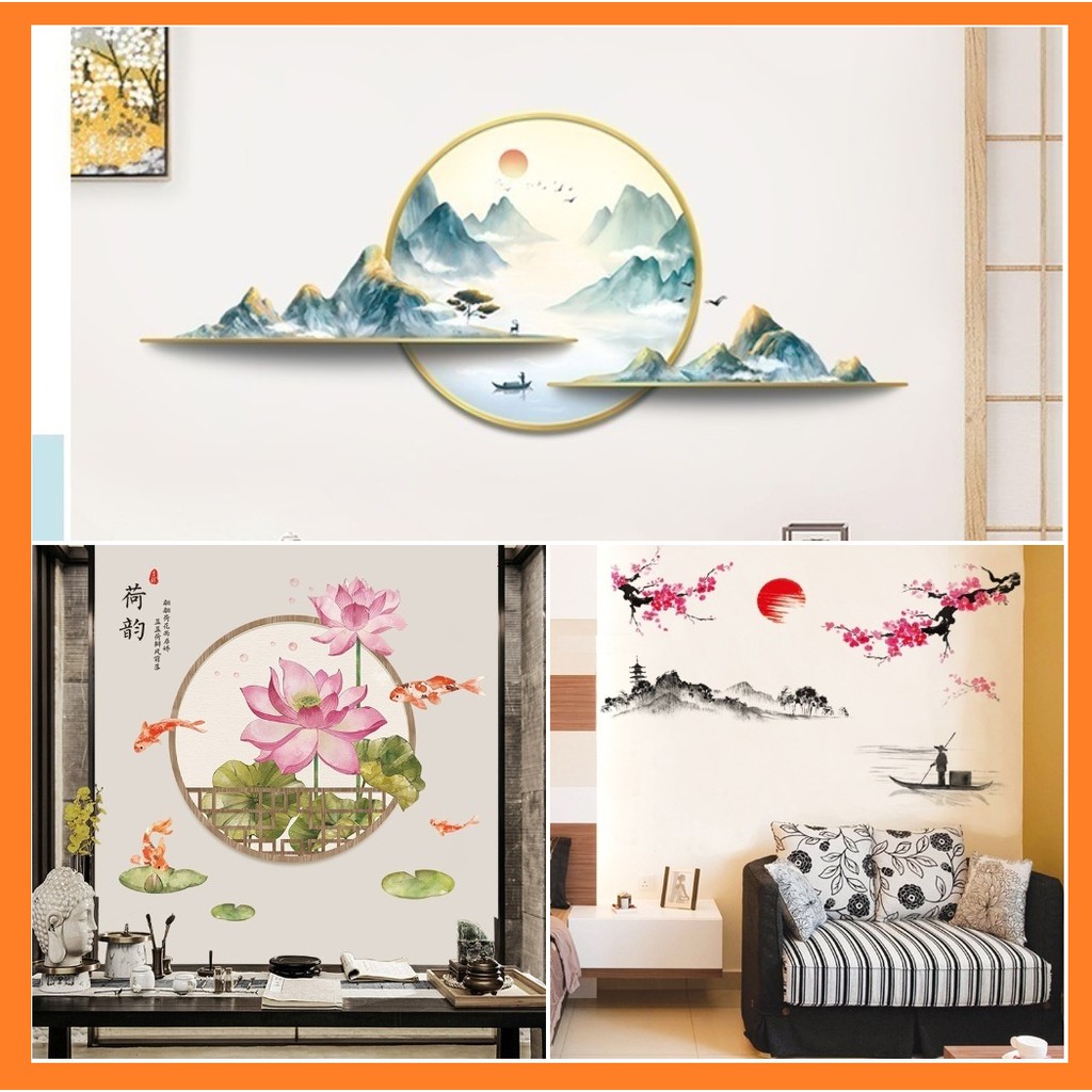Decal dán tường [ hình đẹp như tranh vẽ ] phong cách trung hoa cổ, sơn thủy, trang trí phòng ngủ, phòng khách
