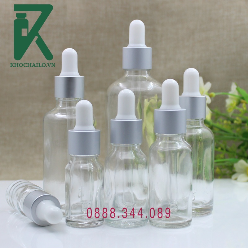 Chai tinh dầu,chai serum thủy tinh trắng trong khoen bạc mờ ,khoen bạc bóng 5ml,10ml,15ml,20ml,30ml,50ml,100ml