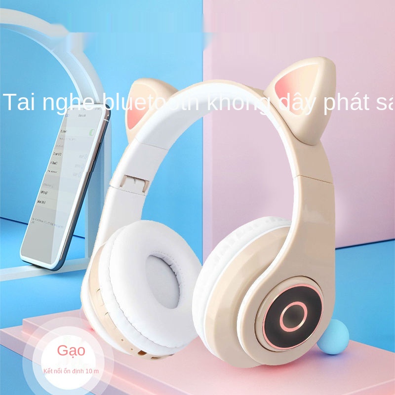 Headphone Tai Mèo Dễ Thương nghe Bluetooth bằng lúa mì Phiên bản hàn quốc nam nữ game neo e-sports học sinh dạ quang