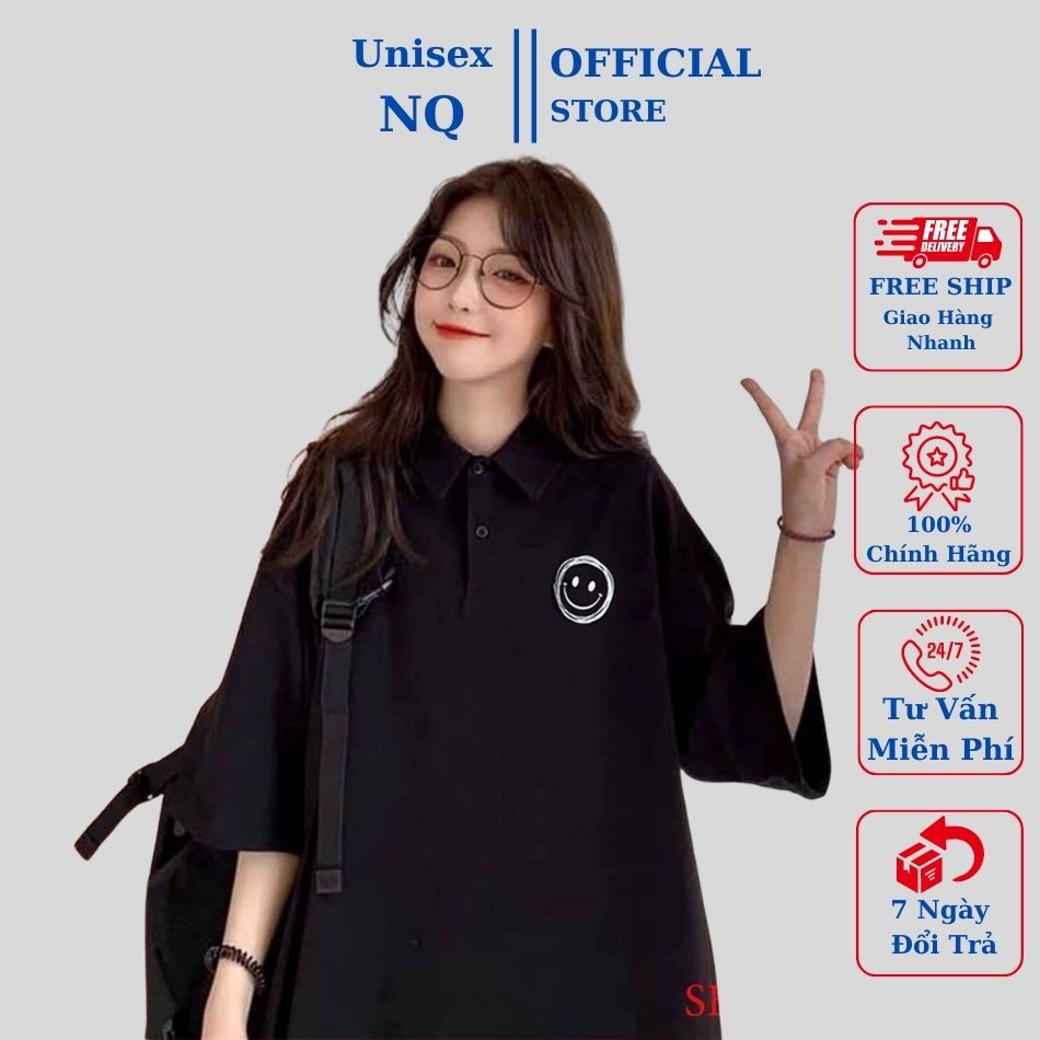 Áo polo unisex form rộng có cổ tay lỡ nam nữ áo thun Nam nữ form rộng oversize in mặt cười đẹp chất liệu cotton đẹp