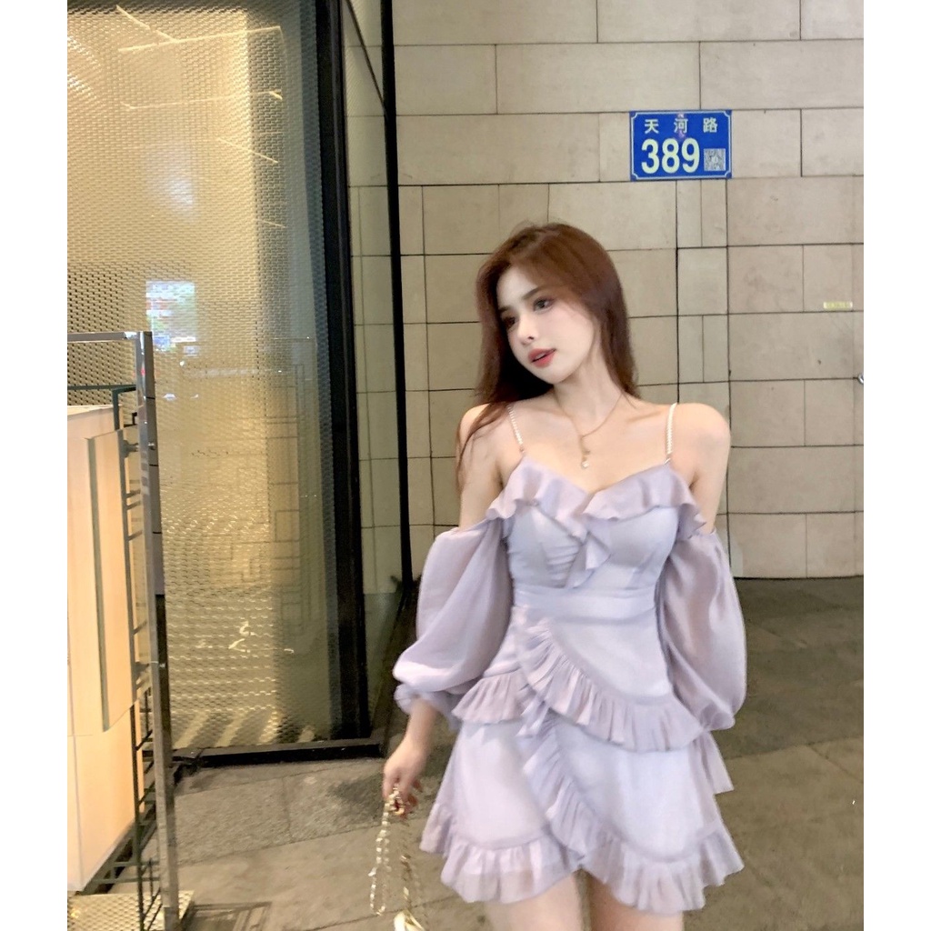 Đầm Hai Dây Nhún Bèo Dáng Ôm Thời Trang Mùa Xuân 2022 Dành Cho Nữ