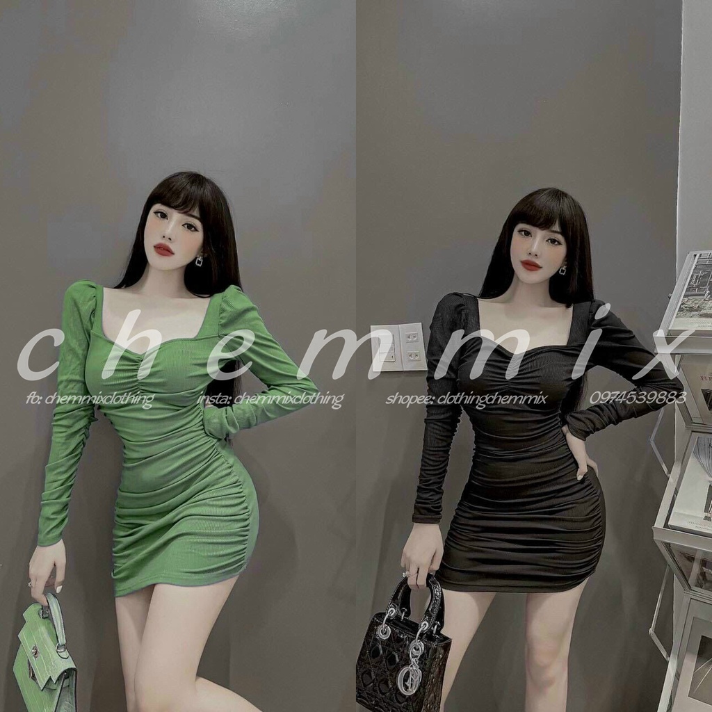 Đầm body tay dài thun tăm gân cổ vuông có mút ngực ChemMix thiết kế siêu xinh, sang chảnh