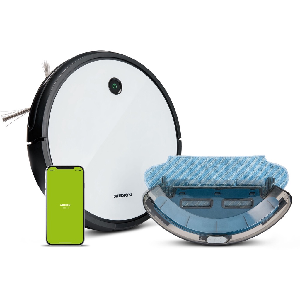 Robot Hút Bụi Lau Nhà Medion MD20041 công nghệ cao thế hệ mới Medion gồm 3 chổi quét,lực hút 2000pa tự động về trạm sạc