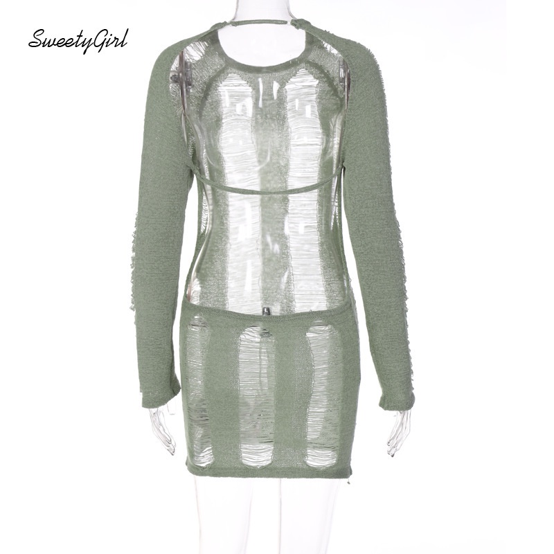 Đầm Mini Tay Dài Phối Rách Màu Trơn Thời Trang Quyến Rũ Dành Cho Nữ 2022