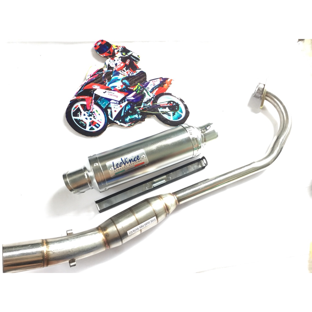 Pô leovince TRẮNG cả cổ bầu hơi inox exicter, winer, sonic, raider, satria, gsx, fz, tfx, cbr, r15,...