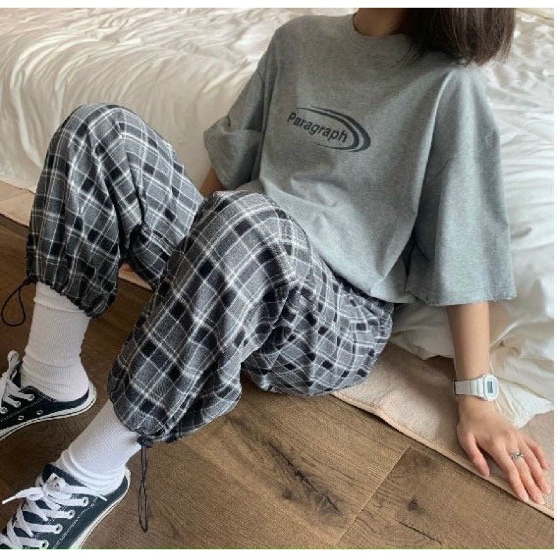 SET BỘ NỈ BÔNG DÁNG XUÔNG ULZZANG FORM RỘNG TELEVISION ÁO NỈ SWEATER XÁM, QUẦN JOGGER KẺ NAM NỮ UNISEX [kèm ảnh thật]