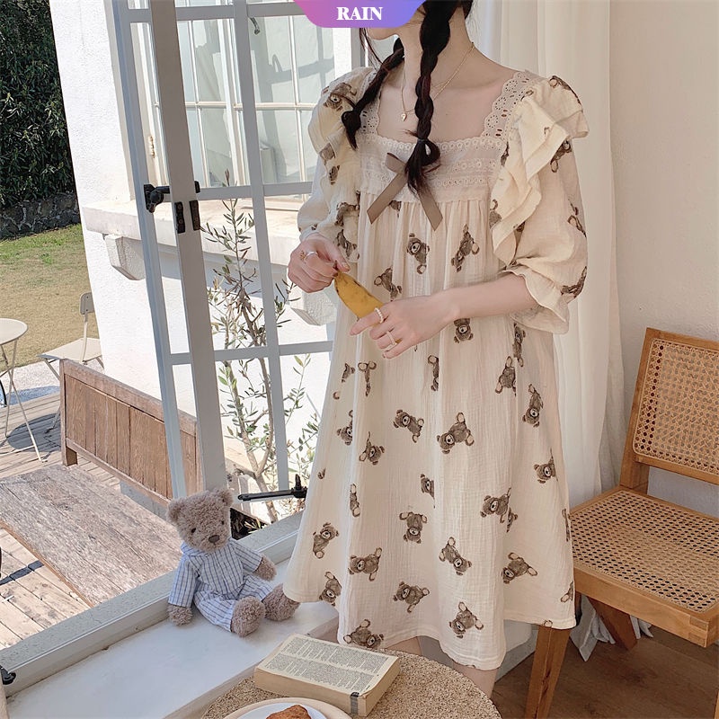 Đầm Ngủ Viền Bèo Tay Lửng Dáng Rộng In Họa Tiết Gấu Hoạt Hình Dễ Thương Thời Trang Mùa Hè Cho Nữ