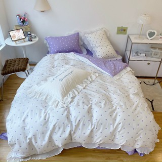 Bộ chăn ga gối cotton tim bèo - trắng phối tím - pis.bedding