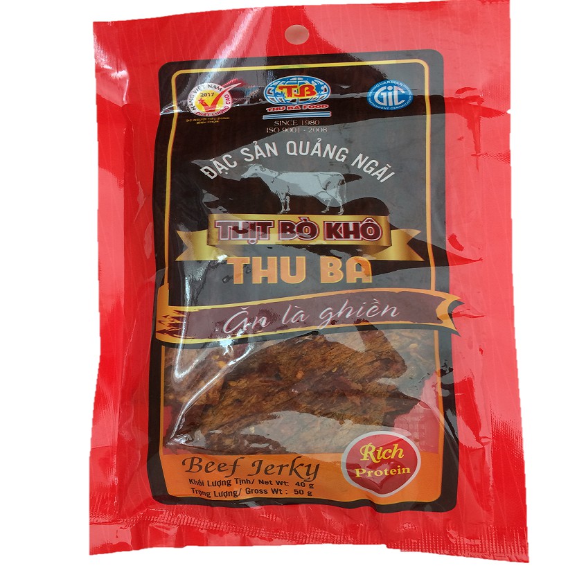 Bò khô nguyên chất hiệu Thu Ba cay vừa 50g, dạng miếng, bò tươi nuôi tự nhiên