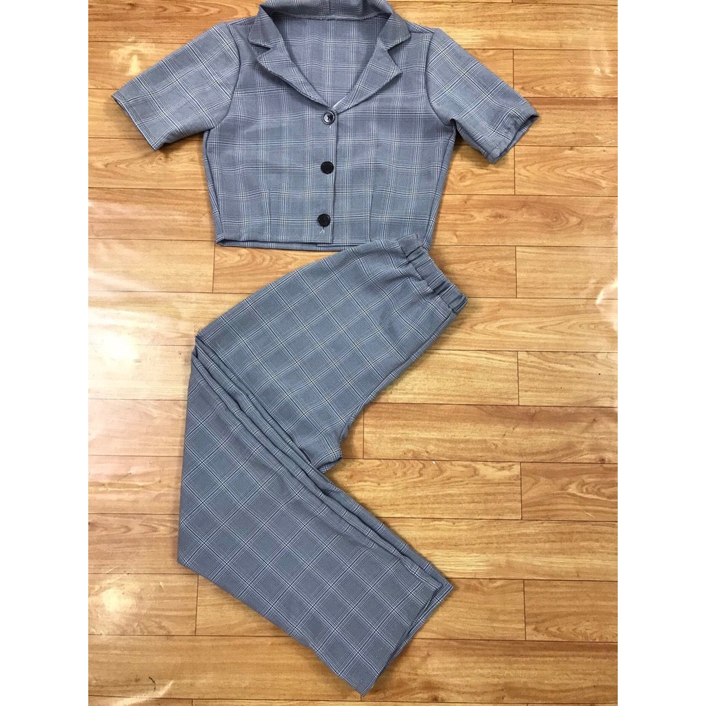 Sét đồ nữ caro áo cổ vét kiểu croptop phối quần dài chất for mềm dày đẹp, mặc tôn dáng AM