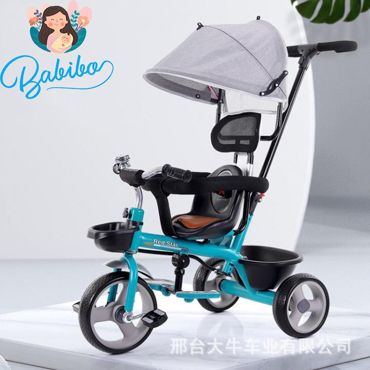 Xe đẩy cho bé có mái che RED Star baby, xe đạp 3 bánh cho bé từ 6 tháng đến 5 tuổi đủ màu: cam, xanh, đỏ, đen- Babibo