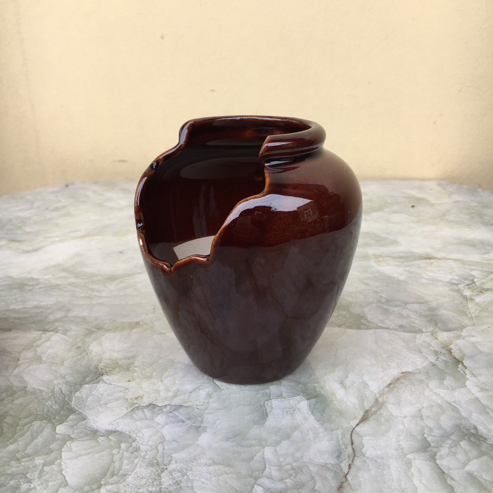 Chậu bonsai Chum khoét nâu cánh gián gốm Bát tràng 1 size BM-164