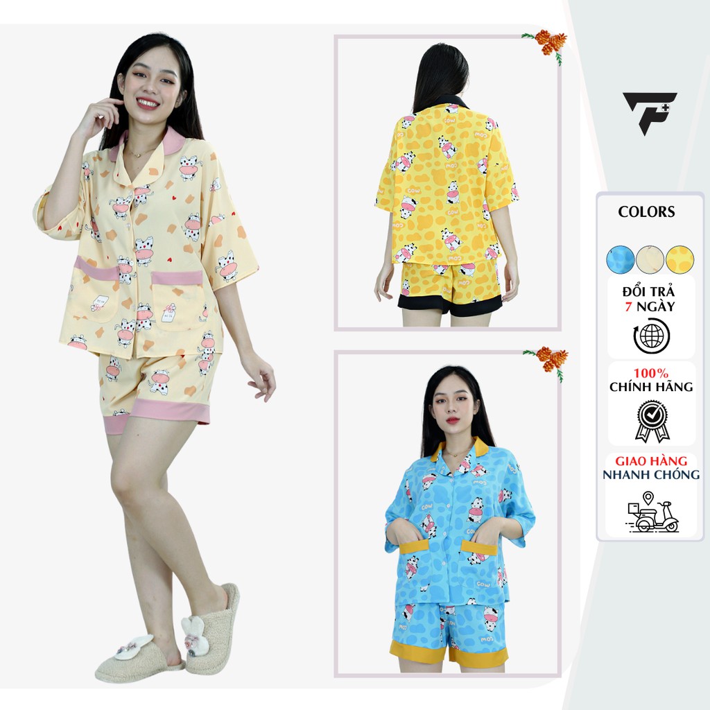 Bộ mặc nhà nữ dễ thương bò sữa ngắn form rộng cá tính pijama lua cao cấp FPLUS 286