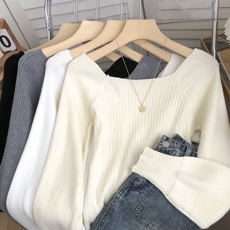 NUZIRO Áo dệt kim  tay dài cổ vuông màu đơn giản phong cách Hàn Quốc cho nữ