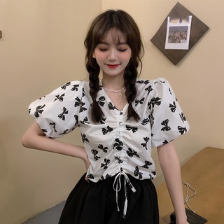 Áo voan nữ hoa nhí tay phồng 2022, áo kiểu nữ đẹp hàn quốc màu trắng, xanh cổ v thời trang du lịch công sở