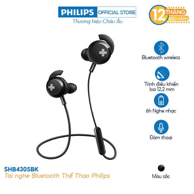 [Mã 267ELSALE hoàn 7% xu đơn 300K] Tai nghe Bluetooth Thể Thao Philips SHB4305BK/00 (Đen) - Chính Hãng