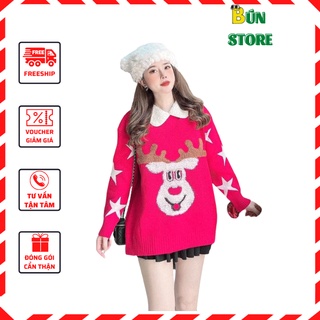 Áo nỉ sweater hình tuần lộc cổ phối lông