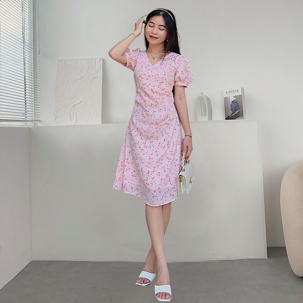 Đầm hoa hồng xếp ly xéo cổ Callene (CC274)