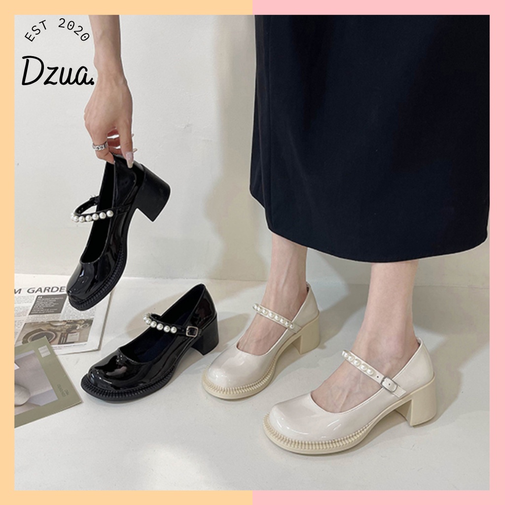 Giày Lolita đế viền quai hạt ngọc gót cao 7cm