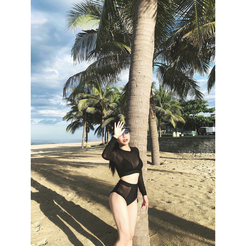 Bikini bộ bơi tay dài phối lưới thời thượng (Đen và trắng) EVA TDL