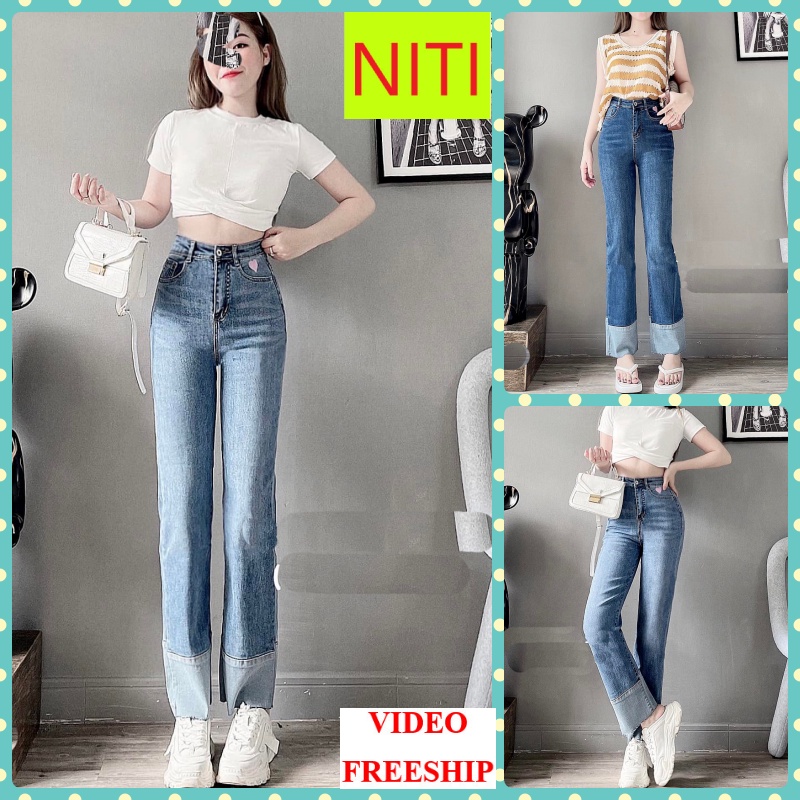 [VIDEO+FREESHIP ] QUẦN JEANS ỐNG SUÔNG NỮ CO GIÃN LƯNG CAO GẬP GẤU THÊU TIM HỒNG MÀU XANH NHẠT XANH ĐẬM TÔN DÁNG XỊN SÒ