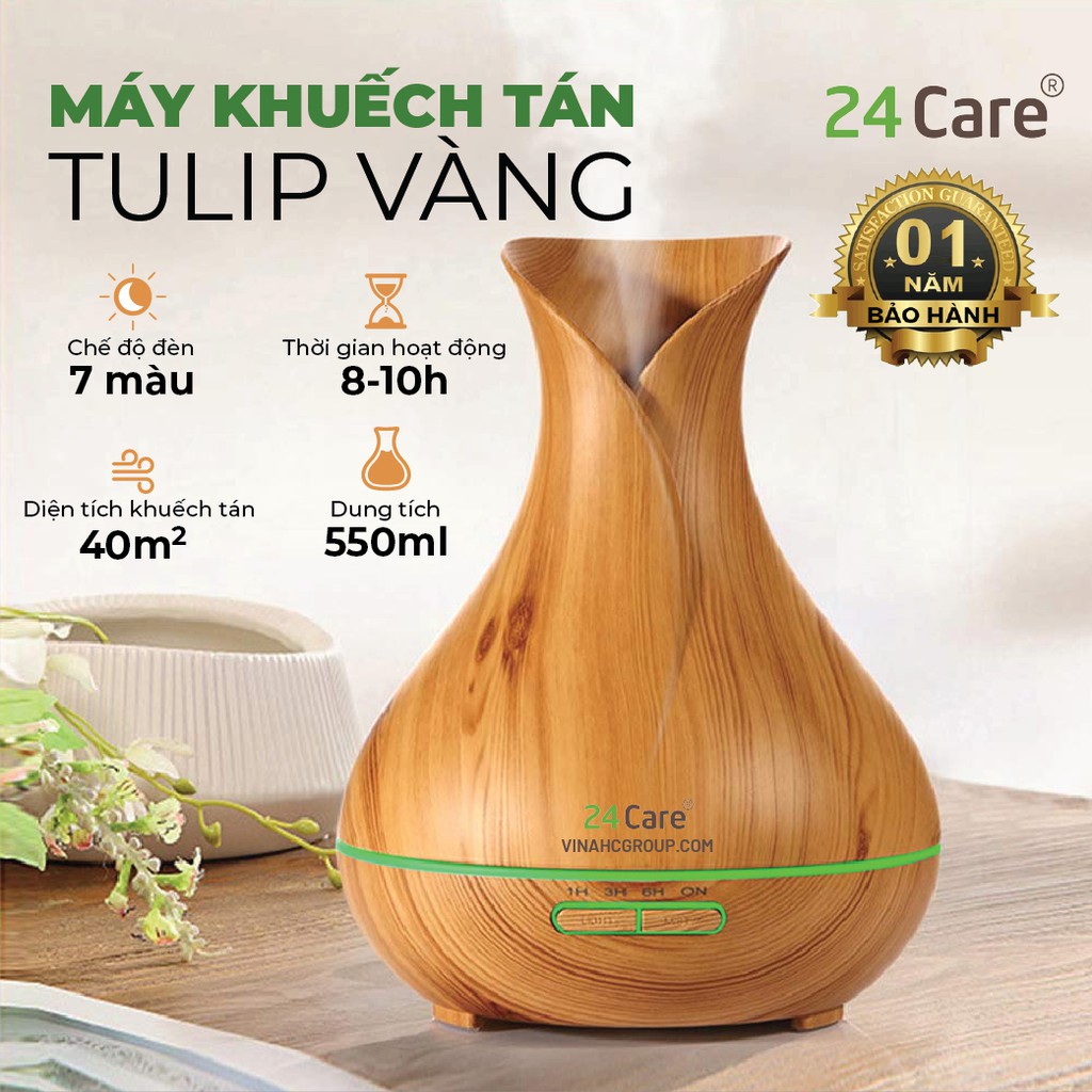 Máy khuếch tán tinh dầu 24Care hình tulip màu vàng công suất 10W dung tích 500ml có chế độ hẹn giờ