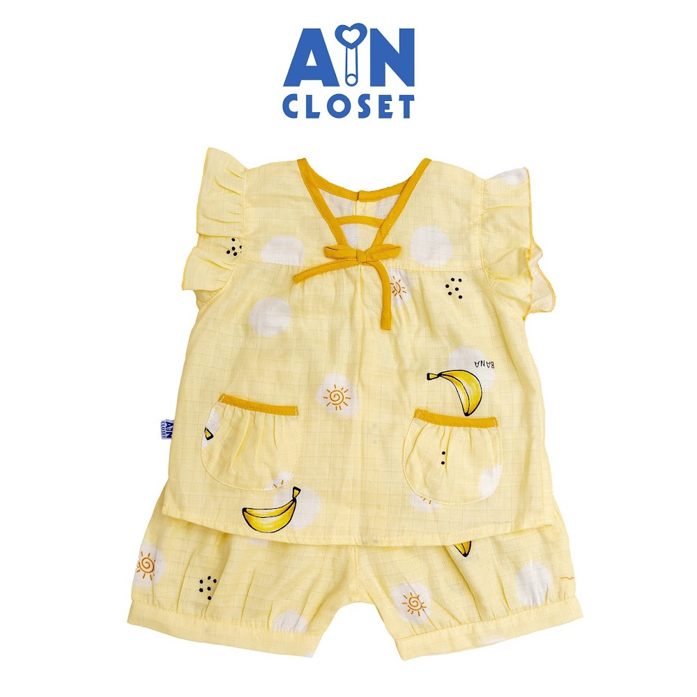 Bộ quần áo ngắn bé gái họạ tiết Chuối vàng nơ xô sợi tre - AICDBGMZGPKI - AIN Closet
