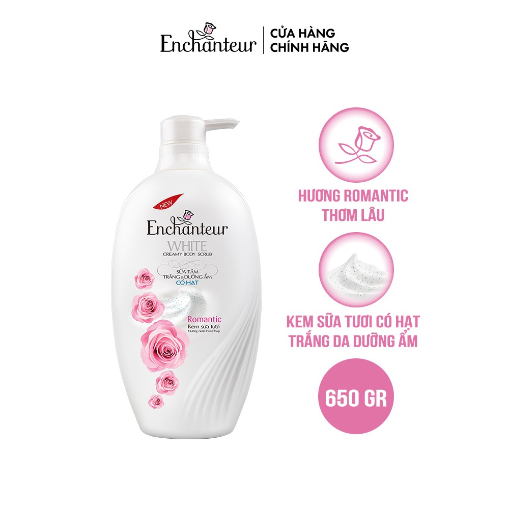 Sữa tắm trắng và dưỡng ẩm có hạt Enchanteur Romantic white creamy body scrub 650gr