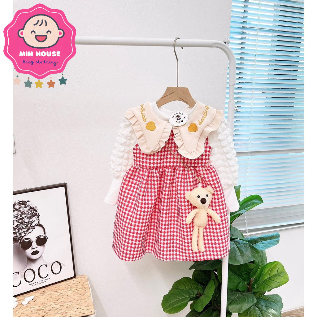 Set váy dạ phối áo nỉ mềm tay xốp kèm túi gấu cho bé gái