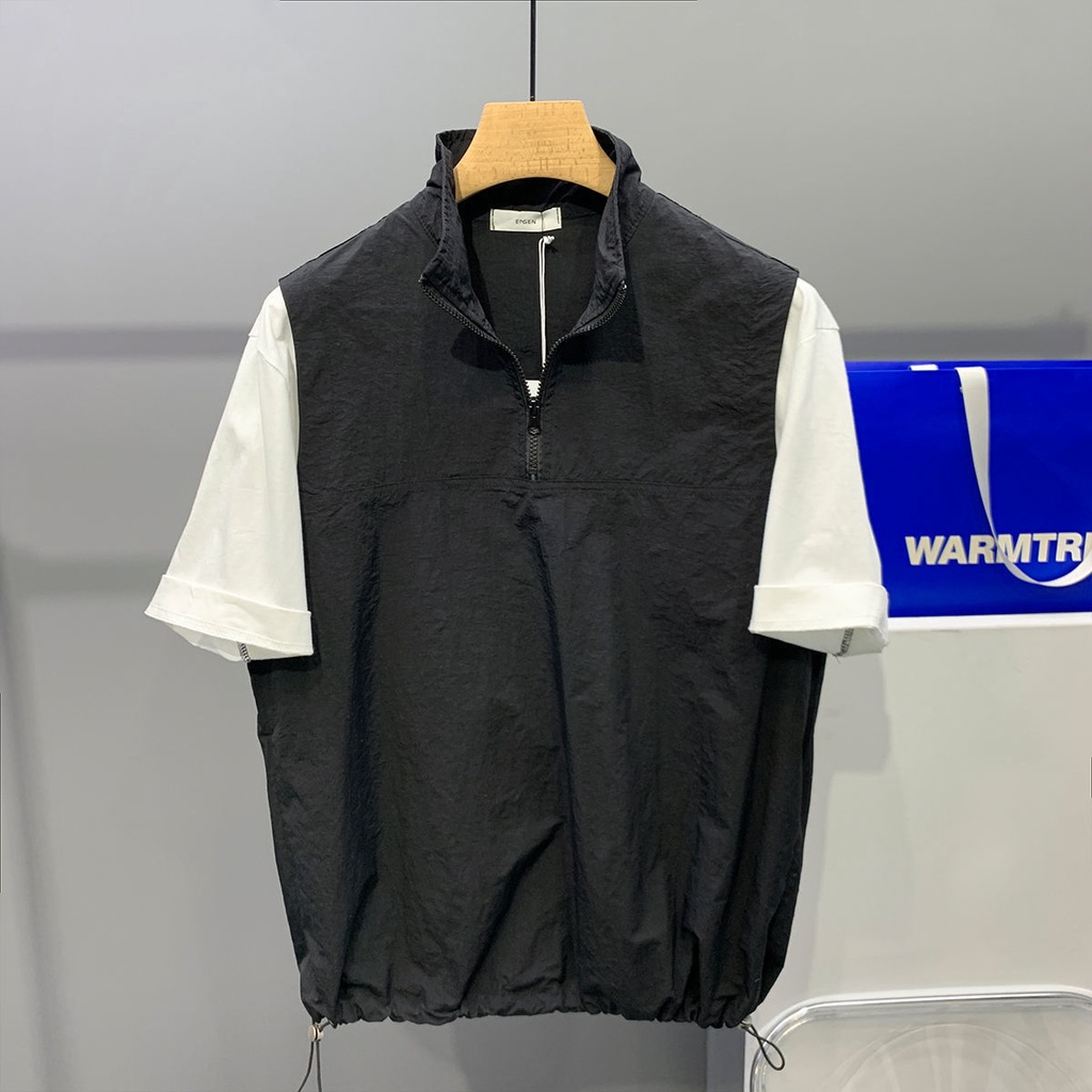 Áo polo Mỏng Tay Ngắn Cổ Đứng Phối Màu Tương Phản Phối Khóa Kéo Thời Trang Mùa Hè Cao Cấp Cho Nam