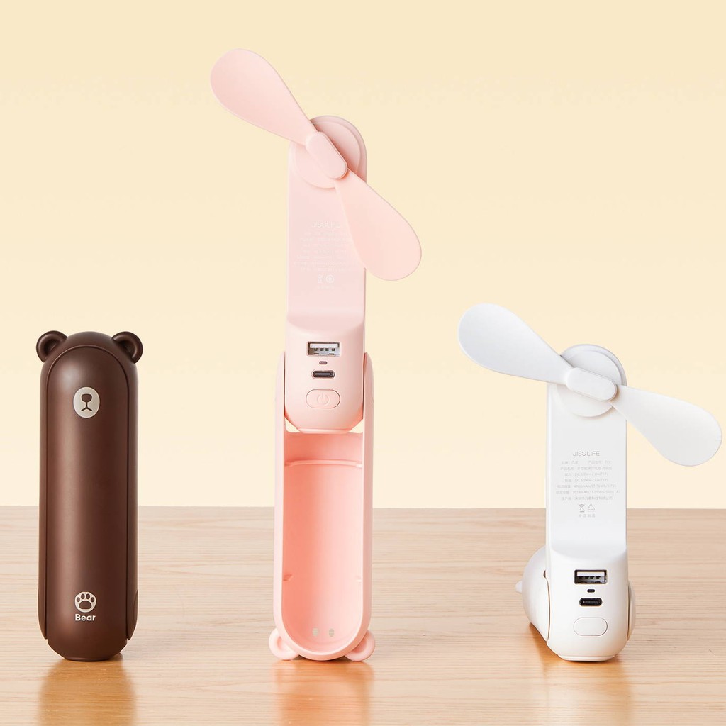 Quạt mini cầm tay đa năng hình gấu Bear kiêm đèn pin - sạc dự phòng tiện dụng Jisulife F8