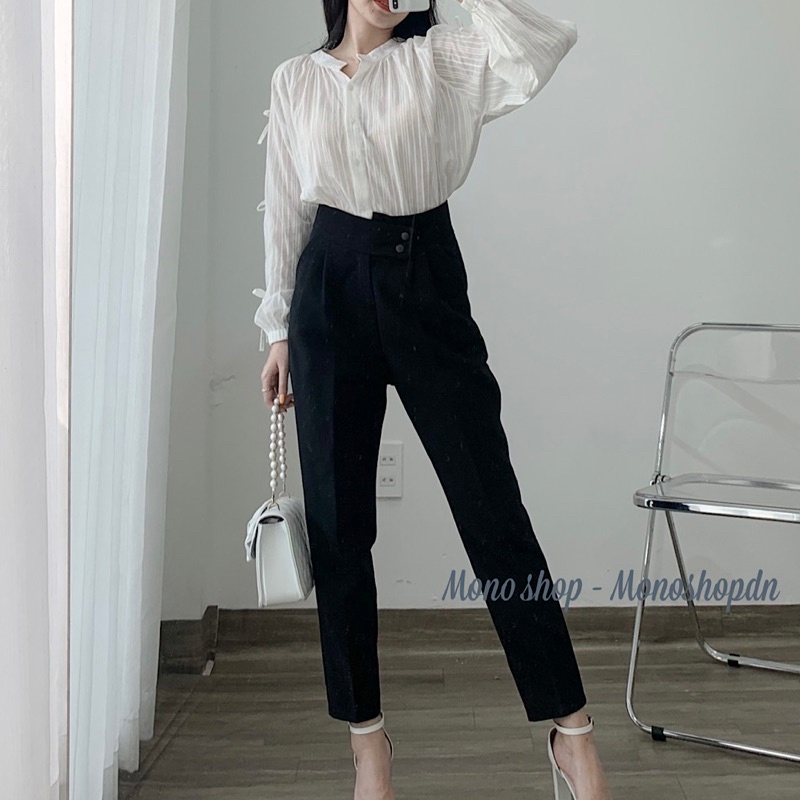 Áo sơ mi cổ tròn sọc ren dài tay cột nơ Ảnh thật/ sẵn