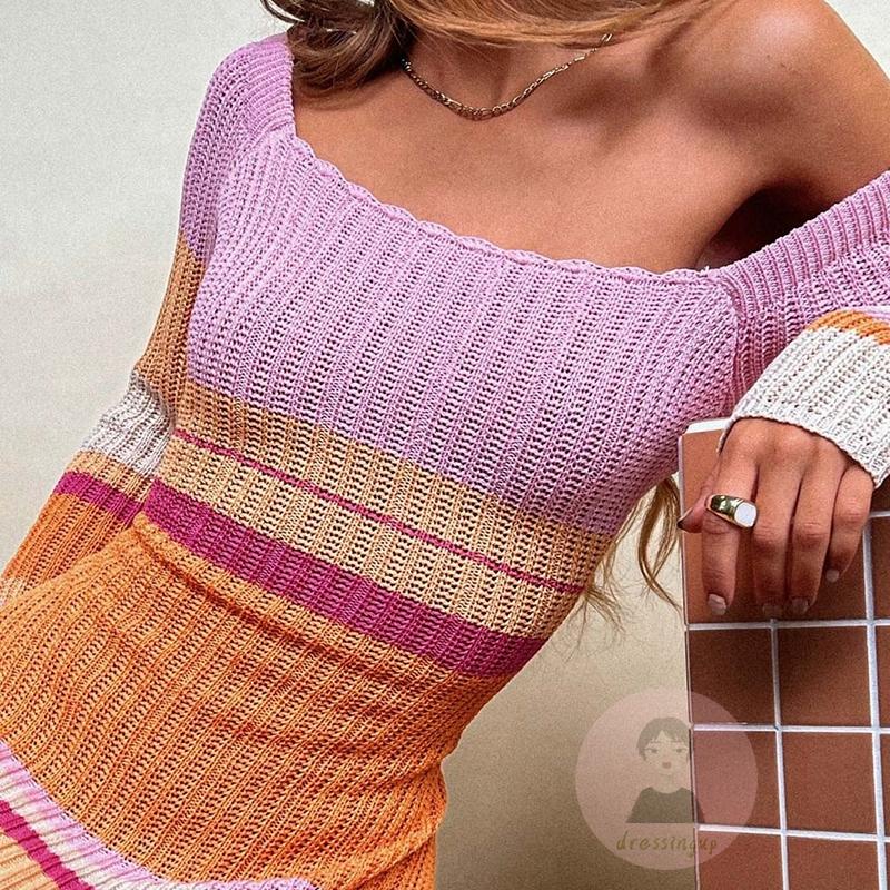 Đầm Dệt Kim Dài Tay Trễ Vai Họa Tiết Kẻ Sọc Màu Sắc Tương Phản Thời Trang Cho Nữ