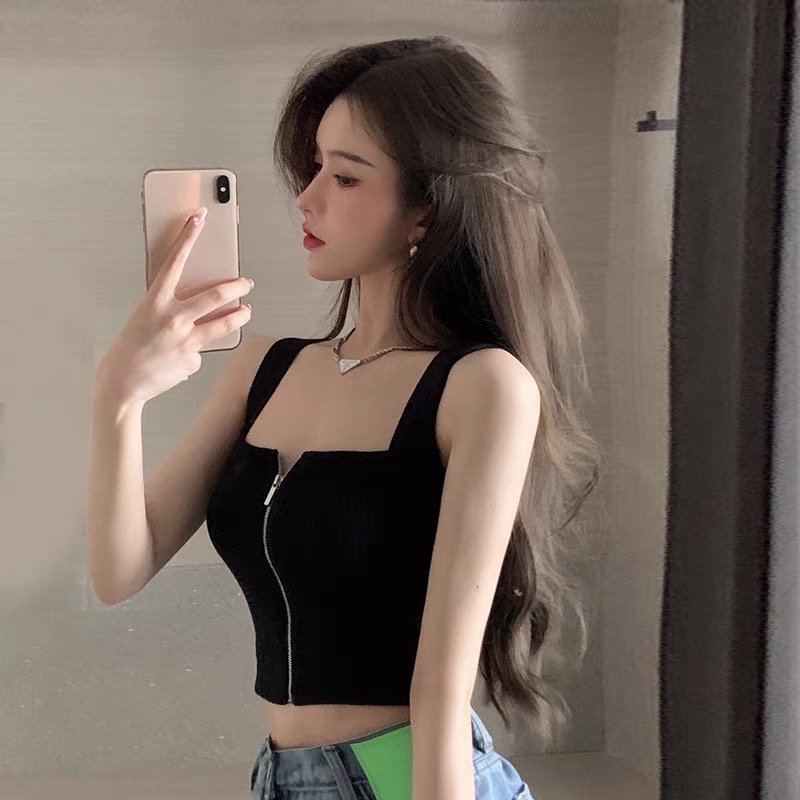 Áo croptop hai dây Forgirl thun gân phối khoá quyến rũ
