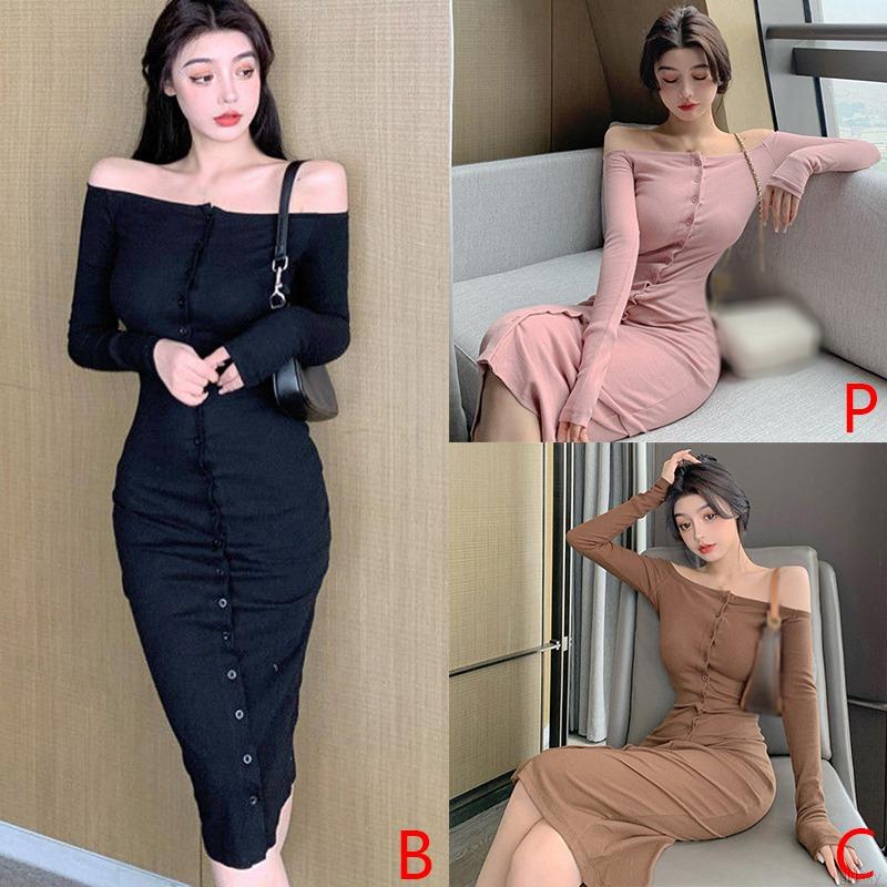 Đầm dáng dài trễ vai màu trơn thời trang Hàn Quốc gợi cảm cho nữ