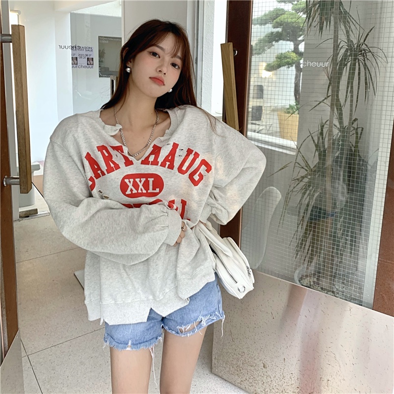 Áo len xám rách cổ chữ V dáng rộng thời trang mùa thu mới 2022