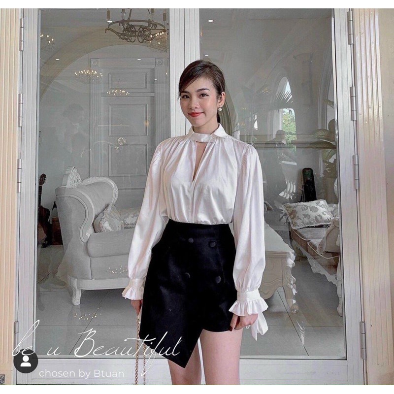 Áo sơ mi công sở cổ V tay cột nơ tiểu thư chất lụa màu trắng đỏ V00301 full size AĐ BOUTIQUE