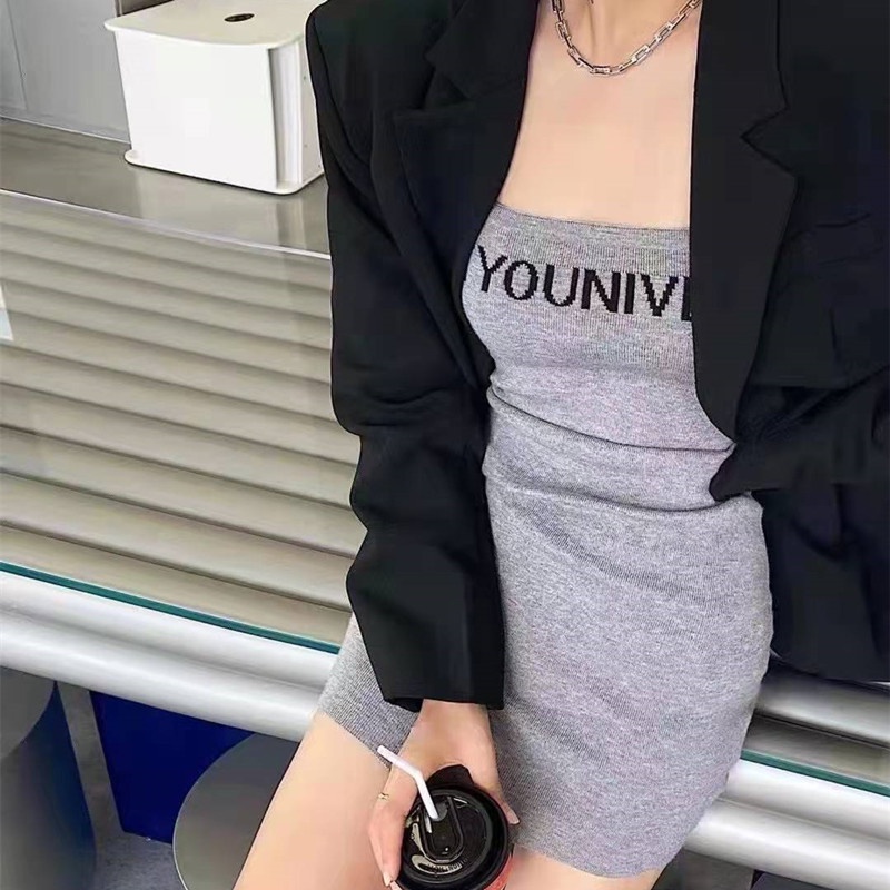 DUNEA Đầm Dệt Kim Hai Dây In Chữ Cho Nữ