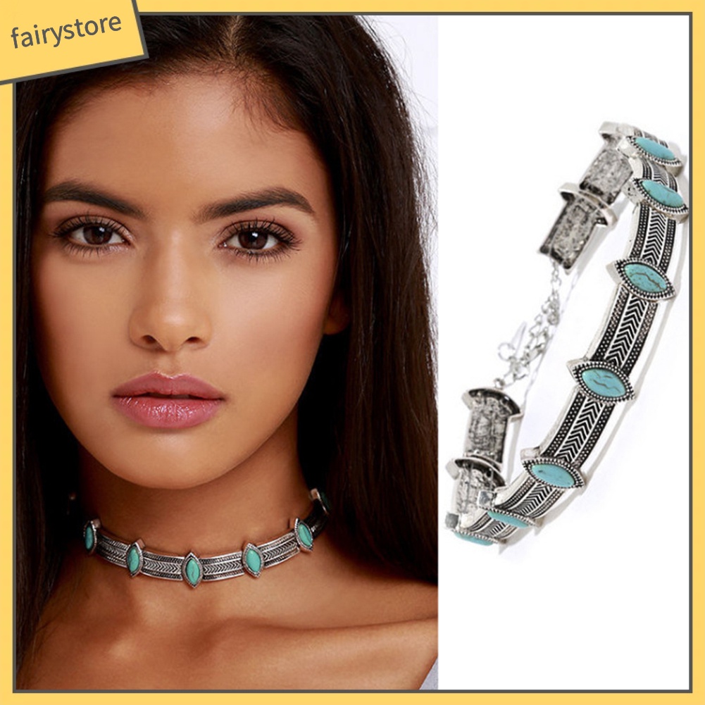 Vòng Cổ Choker Đính Đá Ngọc Lam Nhân Tạo Phong Cách Bohemian Thời Trang