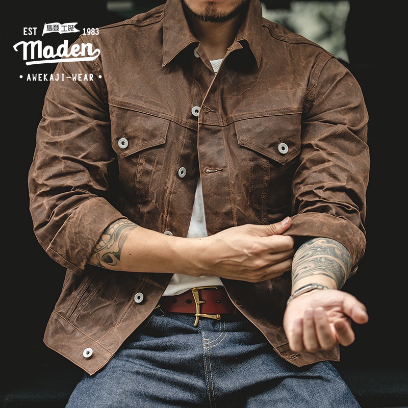 Maden brand tooling style tough guy men youth outdoor American retro yellowstone main canvas waterproof oil wax jacket Ami khaki oil wax men coat