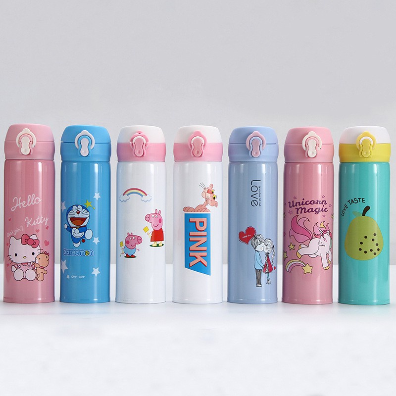 BÌNH GIỮ NHIỆT NẮP BẬT HÌNH DOREMON, HELLO KITTY 400ML CUTE