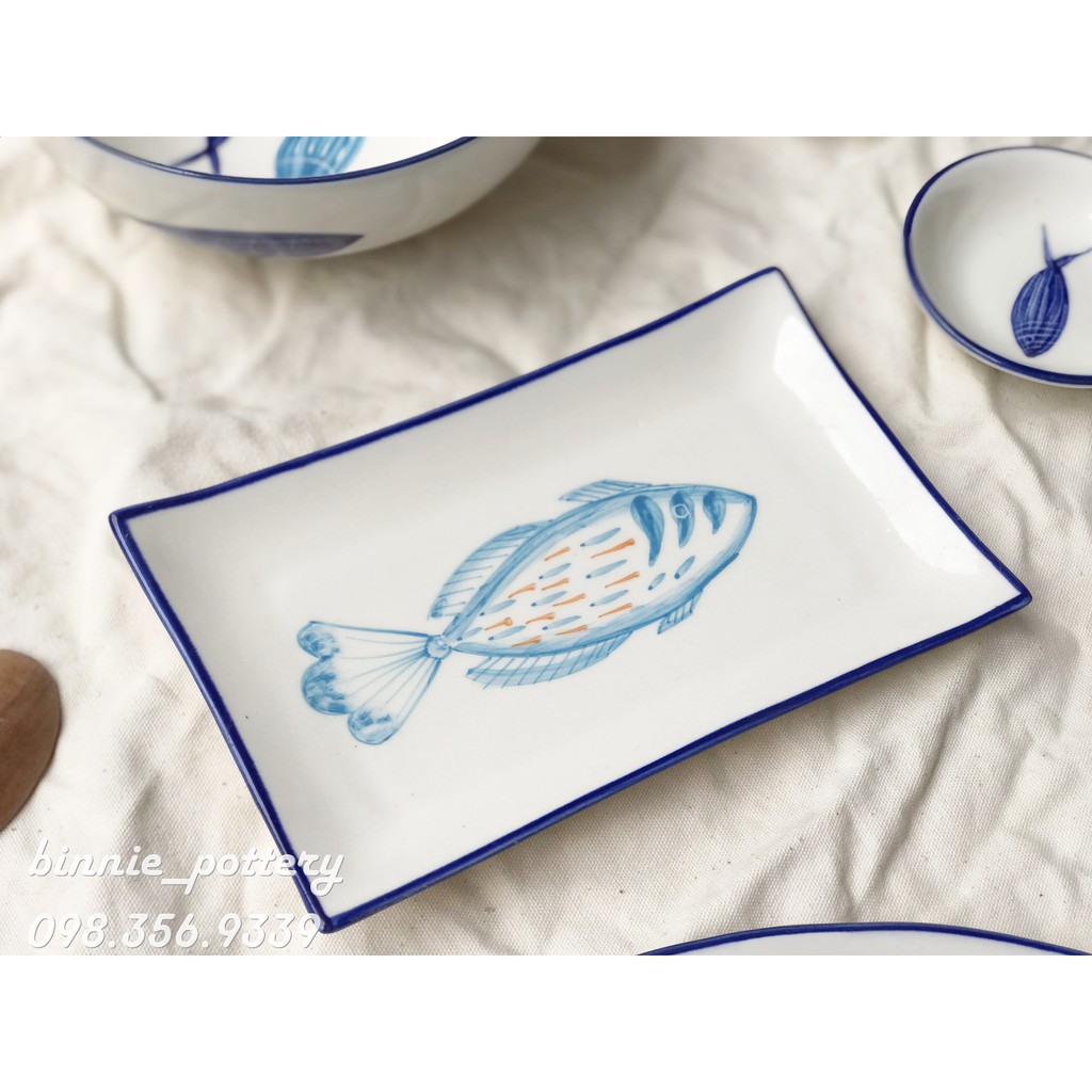 Bộ bát đĩa sứ Bát Tràng hoạ tiết cá Nhật Bản - Set 15 món dùng cho gia đình, quà cưới, tân gia