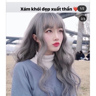 Tóc giả nguyên đầu uốn sóng xám khói