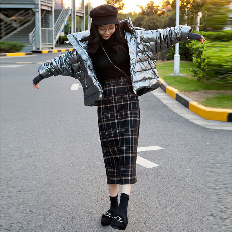 Chân Váy Dạ Korean Loose Mid-length Plaid Retro High Waist Split A-line Bag Hip Skirt Women