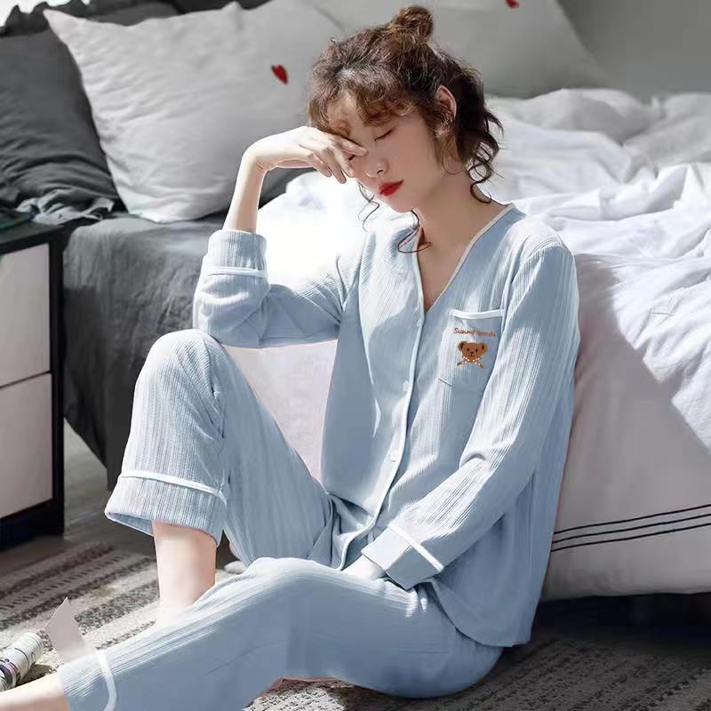 Bộ Đồ Ngủ Cotton Thuần Khiết Tay Dài Kẻ Sọc Cao Cấp Phong Cách Hàn Quốc Ngọt Ngào Mới 2022