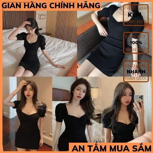 Đầm body tay bồng 🍀váy body nhún ngực ,chất co dãn bao đẹp phong cách hàn quốc THỜI TRANG 1989