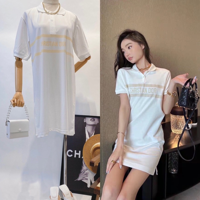 Đầm suông polo/cổ bẻ iClassic xuất xịn thun cá sấu lạnh vải rũ mặc mát, váy trắng hoạ tiết chữ